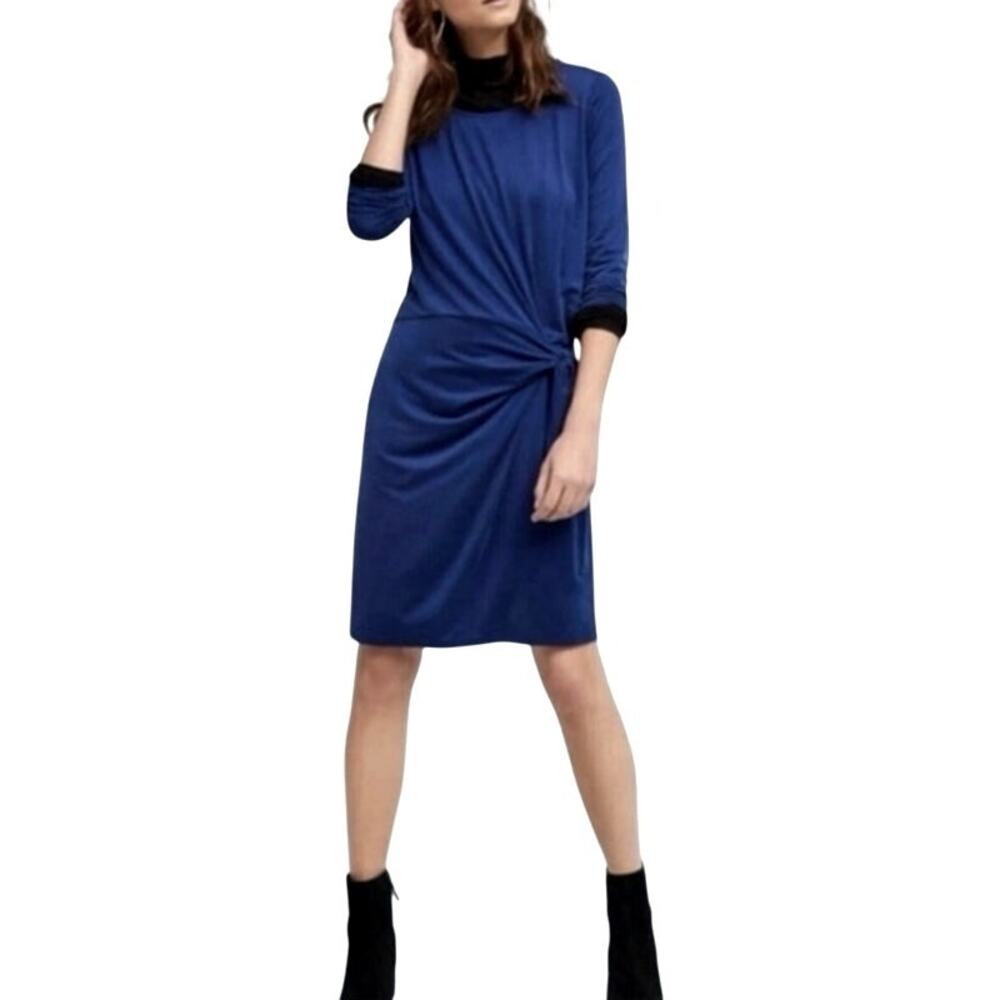 Dolan Navy Ruched Side Dress XS Stretchy Midi Minimalist Casual Office Going out
